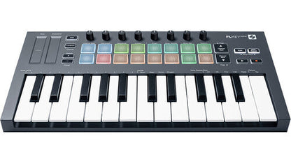 Novation FLkey Mini 25 MIDI keyboard controller — 25 mini keys, 16 RGB pads, USB-powered, built for FL Studio, black