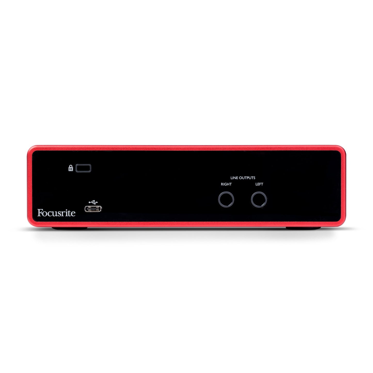 Focusrite Scarlett 2i2 Kenya rear panel showing balanced left and right line outputs and USB port`