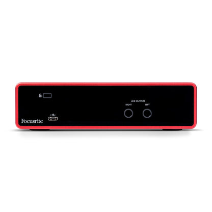 Focusrite Scarlett 2i2 Kenya rear panel showing balanced left and right line outputs and USB port`