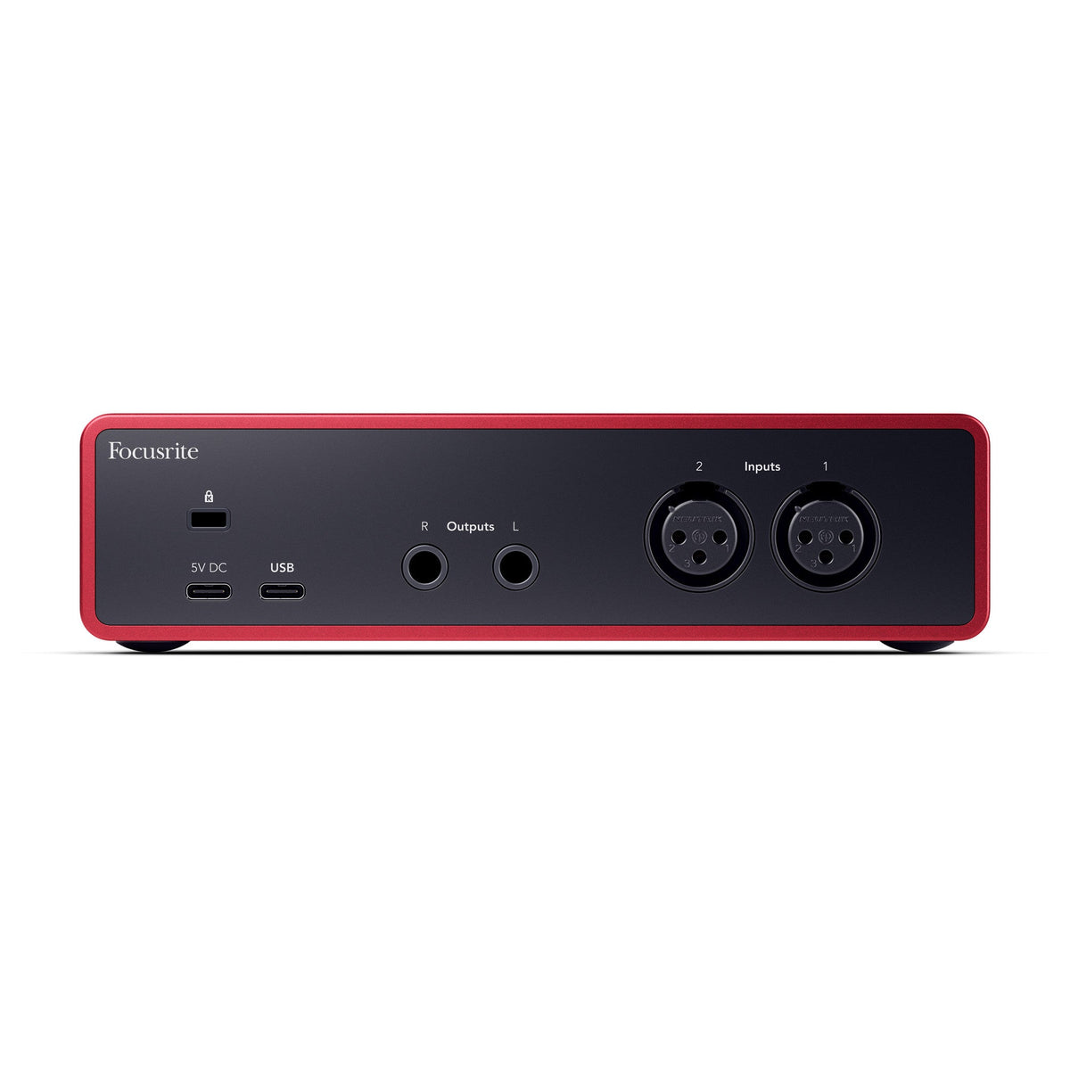 Focusrite Scarlett 2i2 Kenya rear panel — 2x XLR inputs, balanced TRS outputs, USB-C and 5V DC ports visible