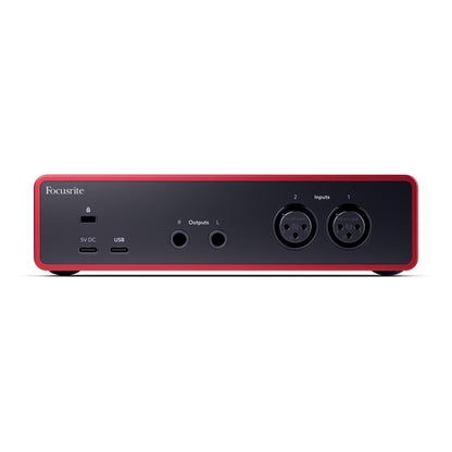 Focusrite Scarlett 2i2 Kenya rear panel — 2x XLR inputs, balanced TRS outputs, USB-C and 5V DC ports visible