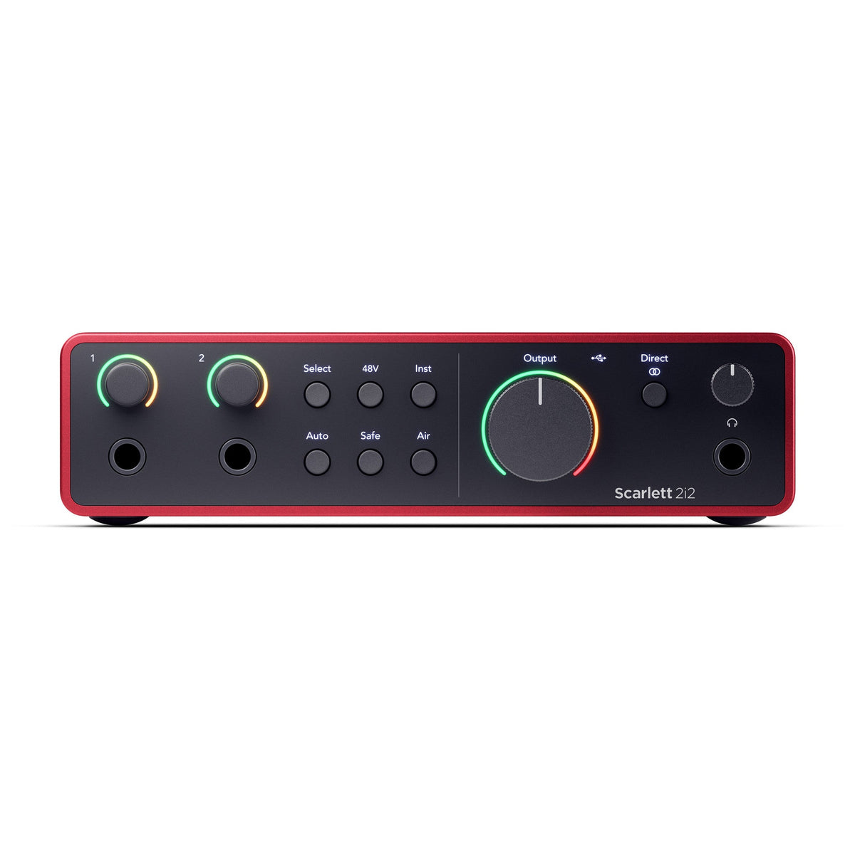 Focusrite Scarlett 2i2 Kenya front panel flat view — gain knobs, 48V, Auto, Safe, Air buttons and output knob