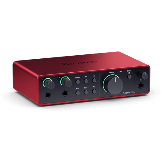 Focusrite Scarlett 2i2 Kenya — angled top-front view showing dual gain knobs, Dynamic Gain Halos and Scarlett 2i2 branding`