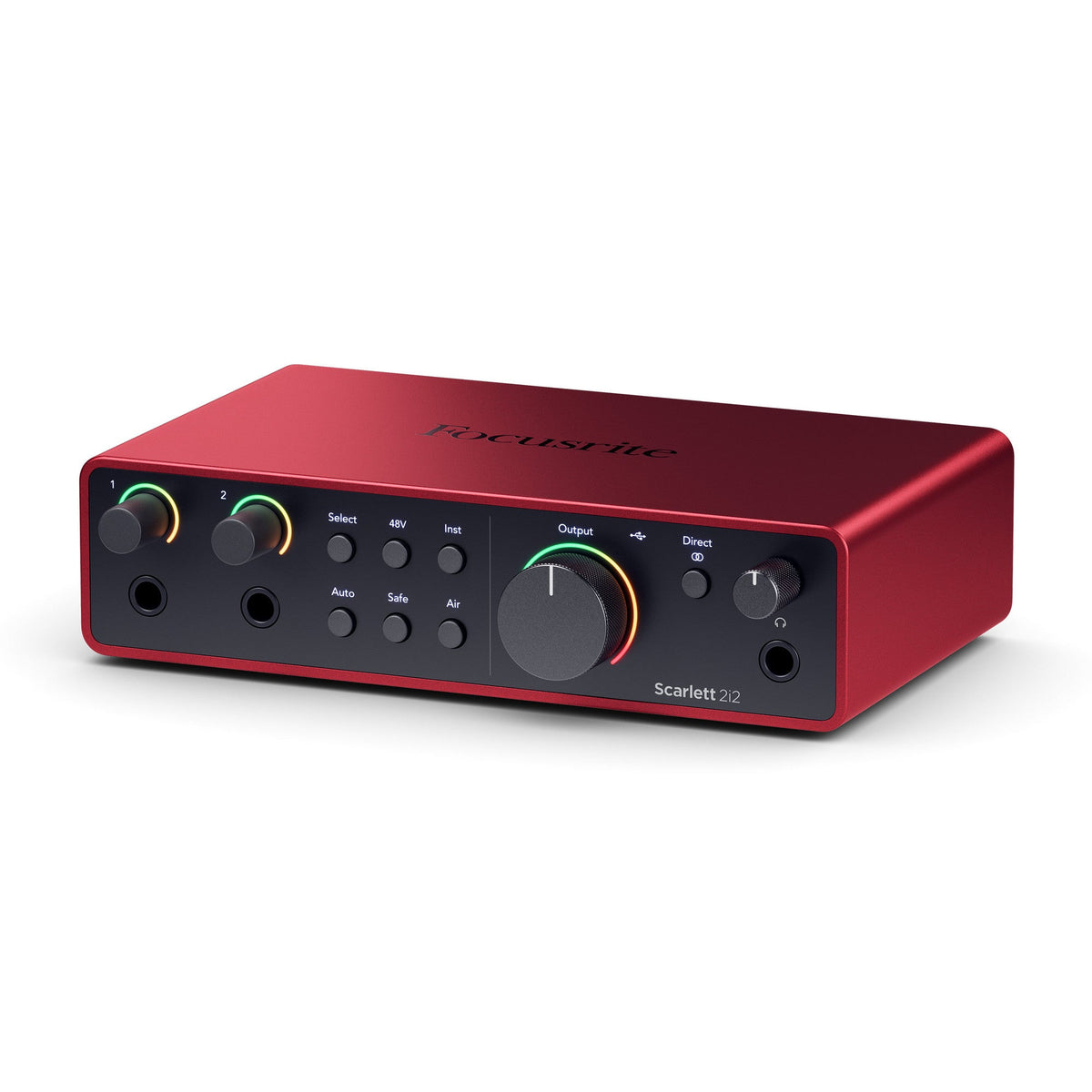 Focusrite Scarlett 2i2 Kenya angled right-front view — red aluminium chassis, Scarlett 2i2 branding and front controls