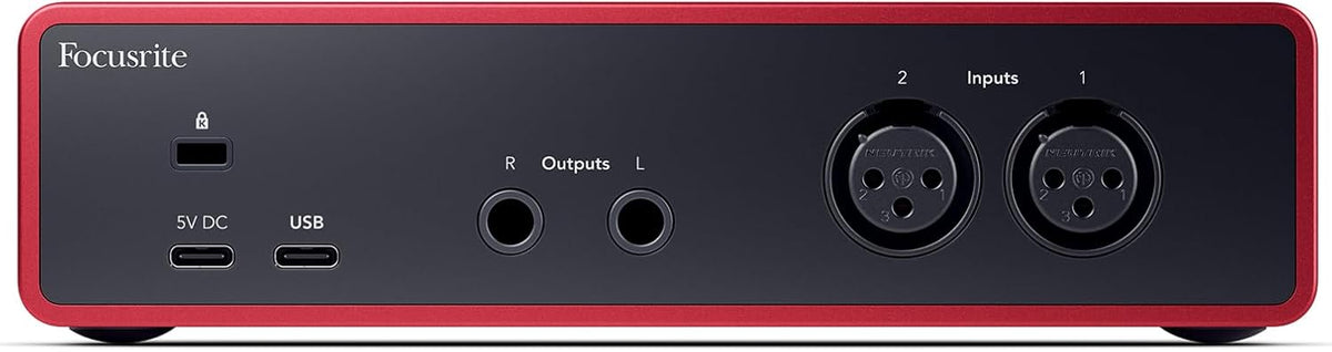 Focusrite Scarlett Solo 4th Gen Kenya — rear panel showing USB-C, 5V DC, balanced TRS outputs and dual XLR mic inputs