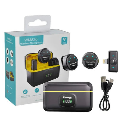 Forzago WM820 wireless lavalier mic Kenya – full kit with charging case, dual transmitters, Lightning receiver, and USB cable