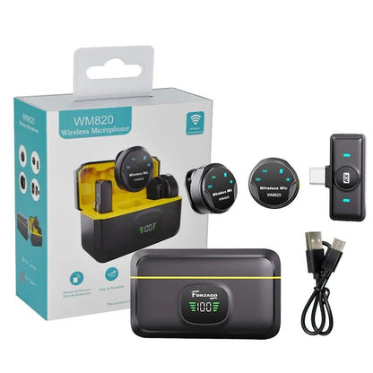 Forzago WM820 wireless lavalier mic Kenya – full kit with charging case, dual transmitters, Type-C receiver, and USB cable