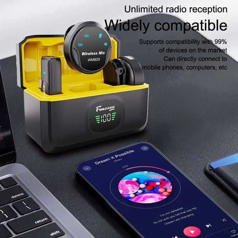Forzago WM820 wireless lavalier mic Kenya – open charging case showing dual transmitters, compatible with phones and computers
