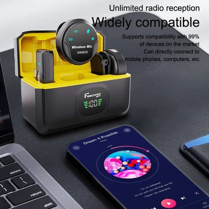Forzago WM820 wireless lavalier mic Kenya – open charging case showing dual transmitters, compatible with phones and computers
