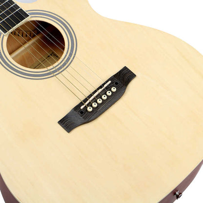 Full size acoustic guitar Kenya beginners top-down front view showing spruce soundhole rosewood fingerboard and bridge