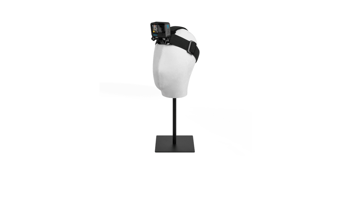 Adjustable GoPro head strap mount worn during outdoor adventure