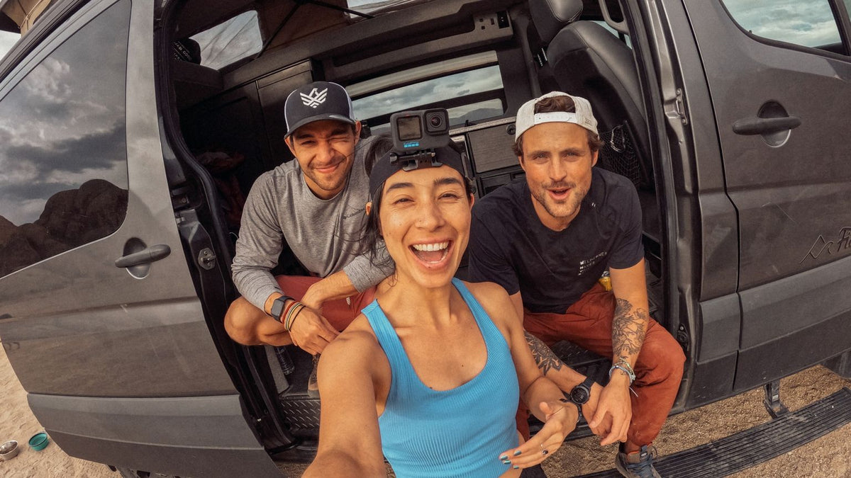 Adjustable GoPro head strap mount worn during outdoor adventure