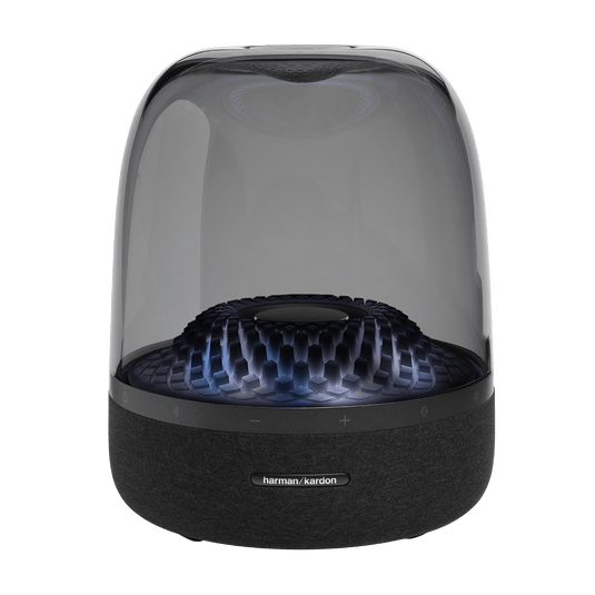 Harman Kardon Aura Studio 4 Kenya front view — transparent dome with blue ambient lighting on white background