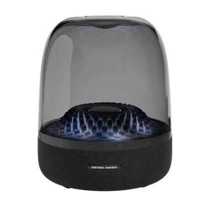 Harman Kardon Aura Studio 4 Kenya front view — transparent dome with blue ambient lighting on white background
