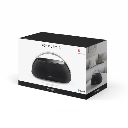 Harman Kardon Go Play 3 Kenya retail box packaging showing product name, Red Dot award and Bluetooth logo
