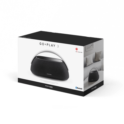 Harman Kardon Go Play 3 Kenya retail box packaging showing product name, Red Dot award and Bluetooth logo