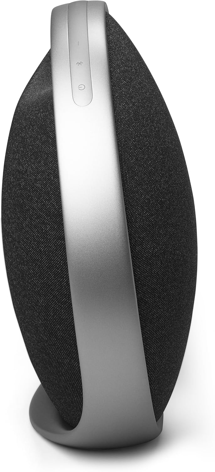 Harman Kardon Onyx Studio 9 Kenya — side profile on stand, silver spine with Bluetooth power buttons