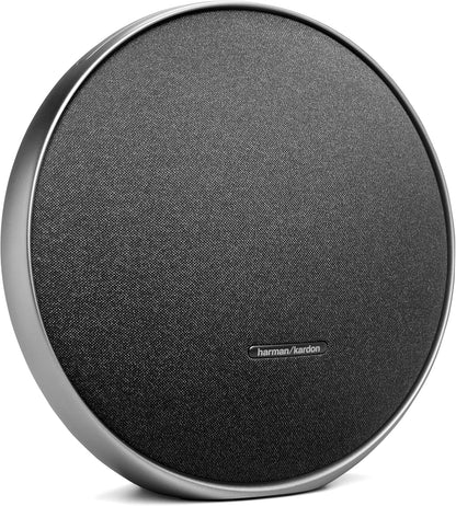 Harman Kardon Onyx Studio 9 Kenya — front 3/4 view, black fabric grille and silver aluminium rim