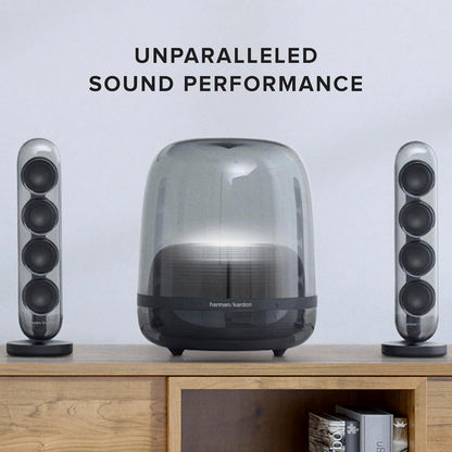Harman Kardon SoundSticks 4 Kenya 2.1 system on wooden cabinet — lifestyle shot with "Unparalleled Sound Performance" text