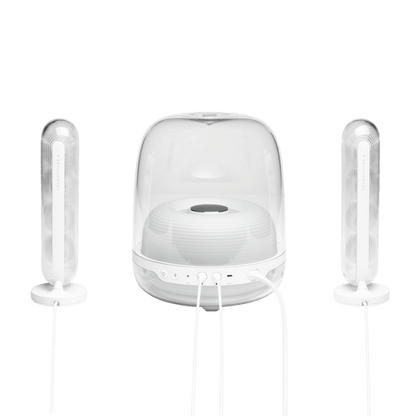 Harman Kardon SoundSticks 4 Kenya rear view — full 2.1 system showing back of transparent subwoofer dome and satellites