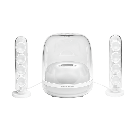 Harman Kardon SoundSticks 4 Kenya front view — full 2.1 system with transparent subwoofer and two satellite speakers