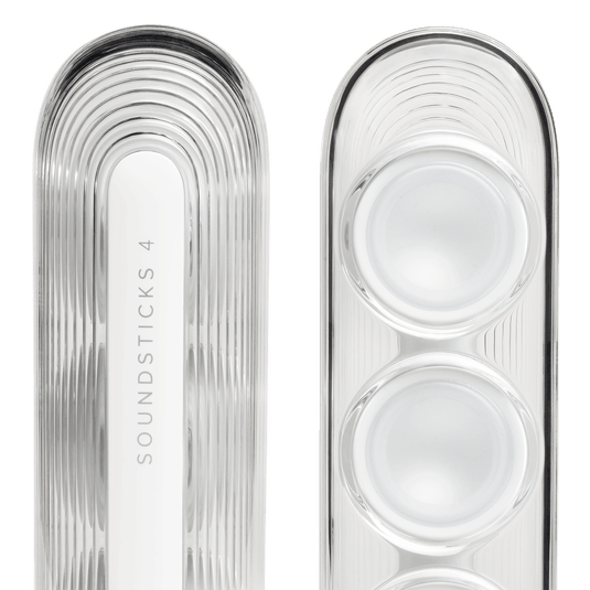 Harman Kardon SoundSticks 4 Kenya satellite speaker close-up — back and front showing ribbed enclosure and four drivers