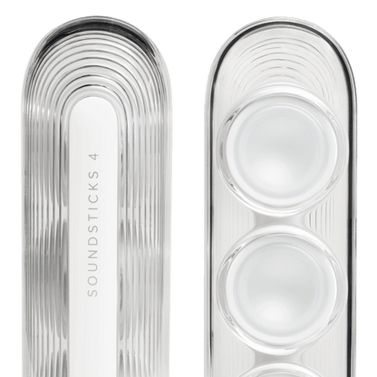 Harman Kardon SoundSticks 4 Kenya satellite speaker close-up — back and front showing ribbed enclosure and four drivers