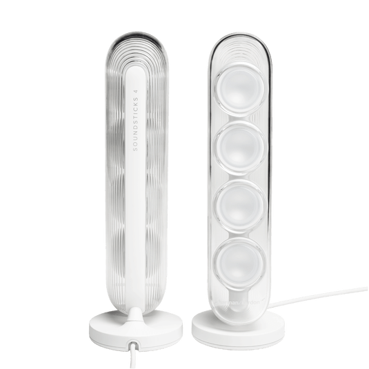 Harman Kardon SoundSticks 4 Kenya satellite speakers front and back — transparent enclosure with four drivers on white base