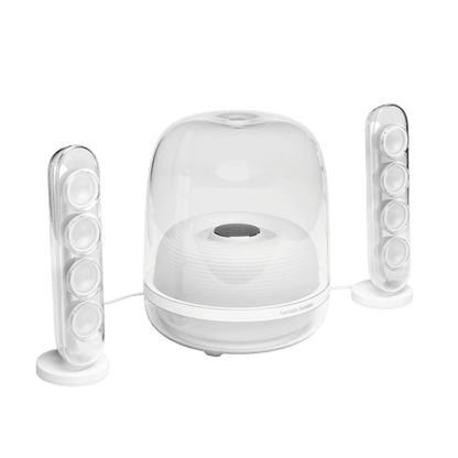 Harman Kardon SoundSticks 4 Kenya full system hero shot — transparent subwoofer and satellite speakers
