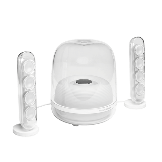 Harman Kardon SoundSticks 4 Kenya full system hero shot — transparent subwoofer and satellite speakers