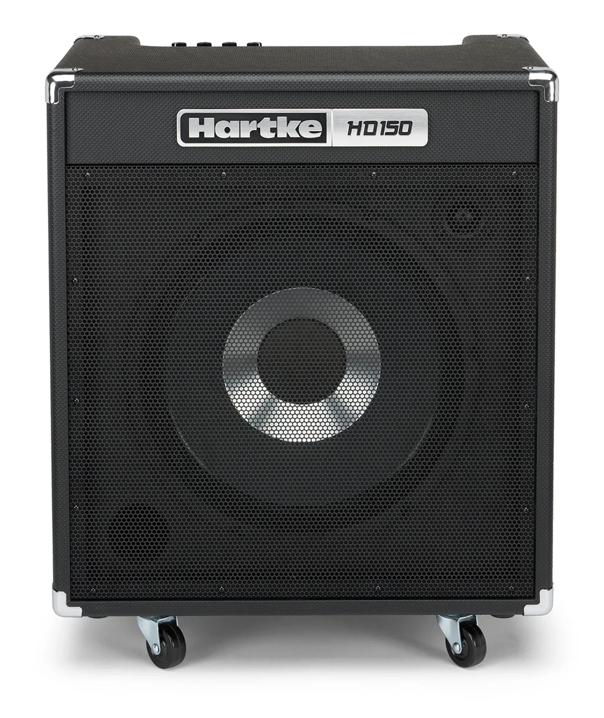 Hartke HD150 bass amp Kenya front view showing 15-inch HyDrive speaker grille, chrome badge, and caster wheels