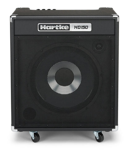 Hartke HD150 bass amp Kenya front view showing 15-inch HyDrive speaker grille, chrome badge, and caster wheels