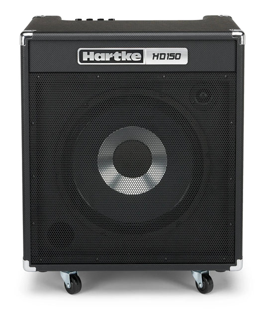 Hartke HD150 bass amp Kenya front view showing 15-inch HyDrive speaker grille, chrome badge, and caster wheels