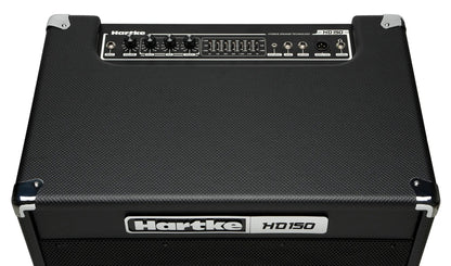 Hartke HD150 bass amp Kenya top panel showing volume, bass, treble knobs, 7-band EQ sliders, and input/output jacks