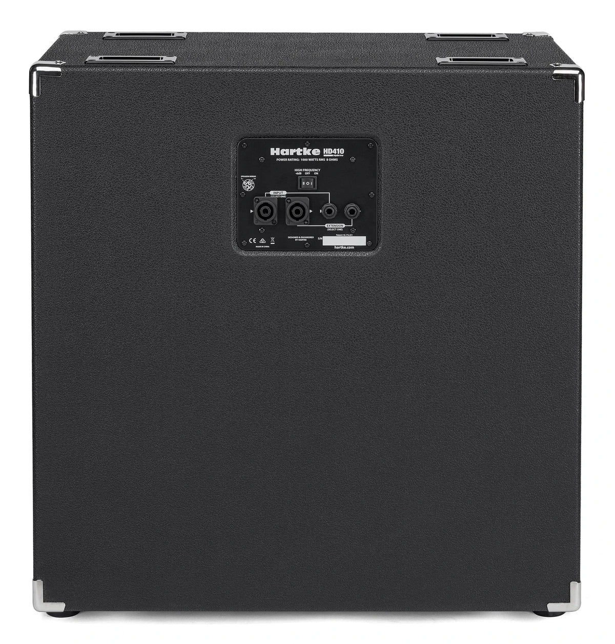 Hartke HD410 bass cabinet Kenya — rear view showing input panel, Speakon and 1/4-inch jacks, textured vinyl