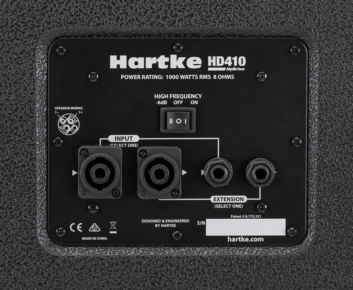 Hartke HD410 bass cabinet Kenya — rear panel close-up showing dual Speakon, 1/4-inch inputs and HF switch