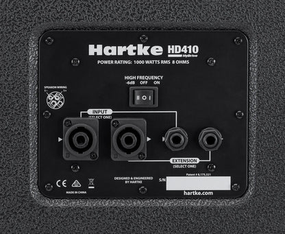 Hartke HD410 bass cabinet Kenya — rear panel close-up showing dual Speakon, 1/4-inch inputs and HF switch