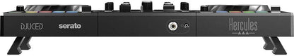 Hercules DJControl Inpulse 500 angled view showing retractable feet and hardware mixer controls