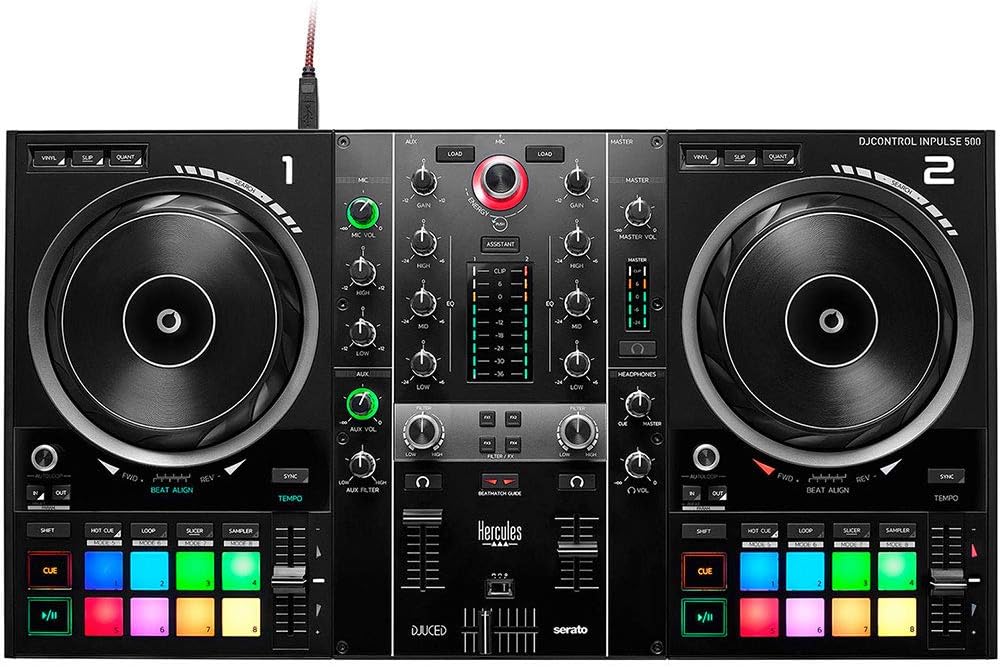 Hercules DJControl Inpulse 500 angled view showing retractable feet and hardware mixer controls