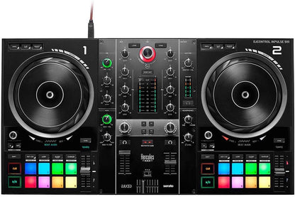 Hercules DJControl Inpulse 500 angled view showing retractable feet and hardware mixer controls