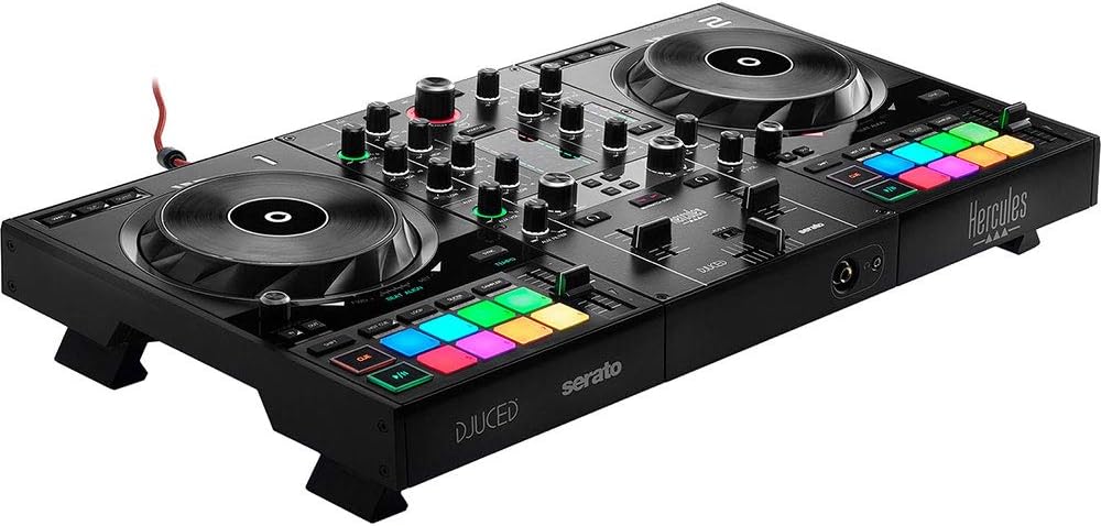 Hercules DJControl Inpulse 500 2-channel DJ controller top view with jog wheels and RGB pads visible