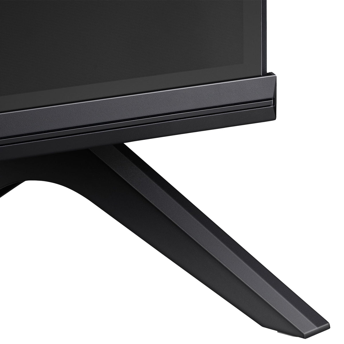Hisense 32A4KEN Kenya close-up of angular black stand leg and bottom bezel on white background
