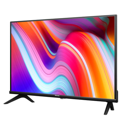 Hisense 43A4KEN Kenya — angled front-right view showing frameless display with vivid colour on stand`