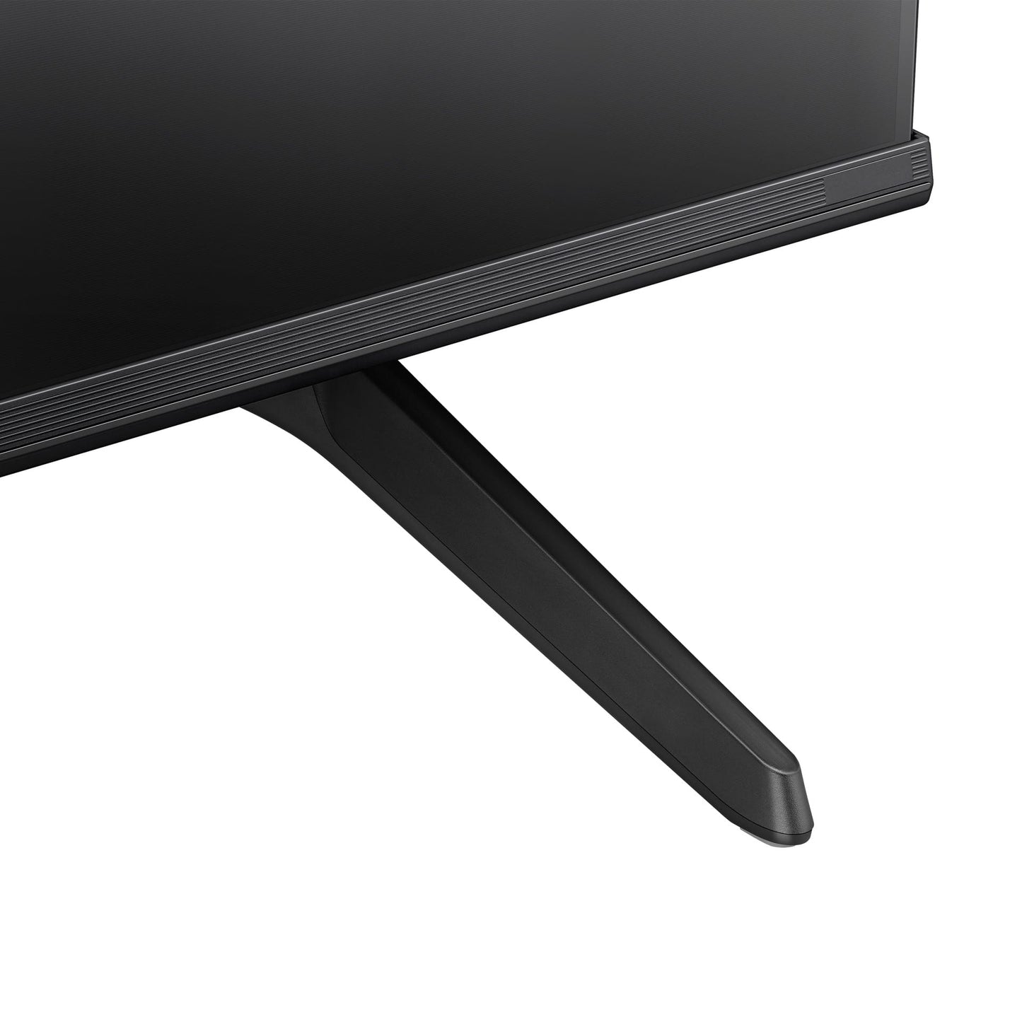 Hisense 50A6KEN Kenya close-up of frameless bottom-left bezel edge and angled black stand leg detail