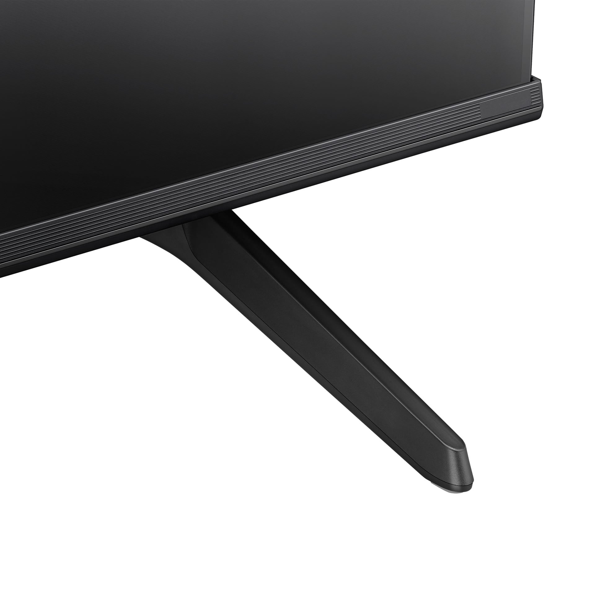 Hisense 50A6KEN Kenya close-up of frameless bottom-left bezel edge and angled black stand leg detail