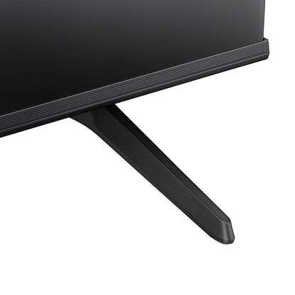 Hisense 50A6KEN Kenya close-up of frameless bottom-left bezel edge and angled black stand leg detail