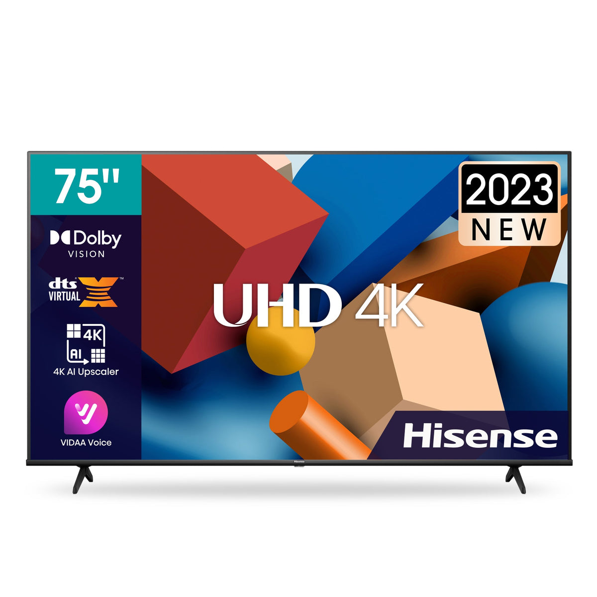 Hisense 75A6NKEN Kenya front view with feature callouts: 75-inch, Dolby Vision, DTS Virtual:X, 4K AI Upscaler, VIDAA Voice