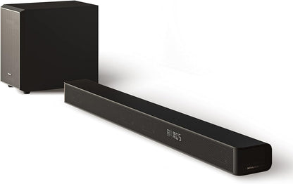 Hisense AX3100 soundbar Kenya — angled view of slim black soundbar and wireless subwoofer on white background