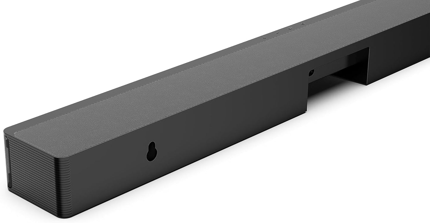 Hisense HS2100 soundbar Kenya angled rear view showing fabric grille, wall-mount slot and cable recess.