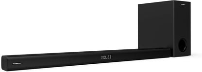 Hisense HS218 soundbar Kenya side profile view with wireless subwoofer, LED display showing VOL 23